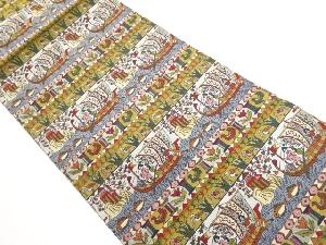 横縞に舟・人・魚・花鳥模様織出し名古屋帯